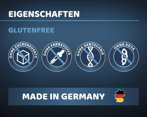 Eigenschaften: Glutenfrei, ohne Zuckerzusatz, ohne Farbstoffe, ohne Gentechnik, ohne Soja, hergestellt in Deutschland