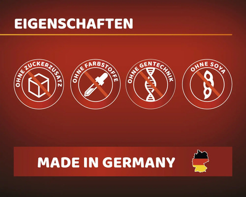 Produktmerkmale: Ohne Zuckerzusatz, ohne Farbstoffe, ohne Gentechnik, ohne Soja, hergestellt in Deutschland