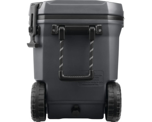 Rückansicht einer Kühlbox mit Griff und Rädern