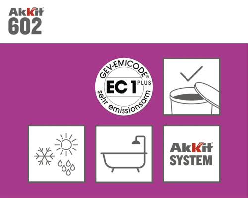 Akkit 602 Produktinformationen mit GEV Emicode EC 1 Plus Siegel für sehr emissionsarme Produkte, Verarbeitungshinweisen und Akkit System Logo