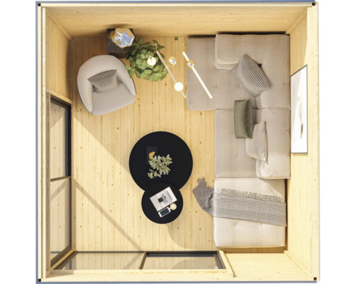 Innenansicht eines Gartenhauses mit Sitzgruppe, Tisch und Dekoration von oben