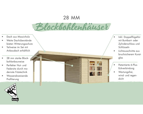 Blockbohlenhaus mit Massivholzdach und Doppelflügeltür