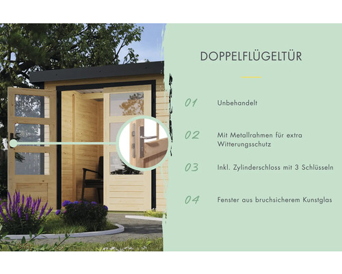 Doppelflügeltür für ein Gartenhaus mit Fenster aus Kunstglas und Metallrahmen