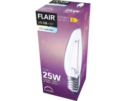 Verpackung einer dimmbaren Flair LED Lampe C35 mit E27 Sockel, 4000 Kelvin, kühlweiß