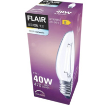 Verpackung einer dimmbaren Flair LED C35 E27 Lampe mit 4 Watt, entspricht 40 Watt, 470 Lumen und 4000 Kelvin kaltweiß