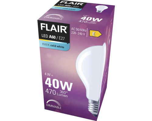 Verpackung einer dimmbaren Flair LED Lampe A60 E27 mit 4 Watt Leistung und kaltweißem Licht