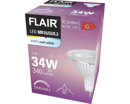 Verpackung einer dimmbaren Flair LED MR16/GU5.3 Lampe mit 4000 Kelvin kaltweißem Licht