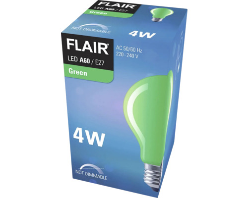 Verpackung einer grünen Flair LED Lampe A60 E27 mit 4 Watt