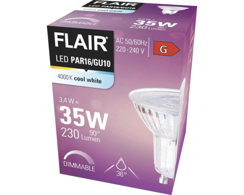 Verpackung einer dimmbaren Flair LED PAR16/GU10 Lampe mit 3,4 Watt, 4000 Kelvin, 230 Lumen und Energieeffizienzklasse G