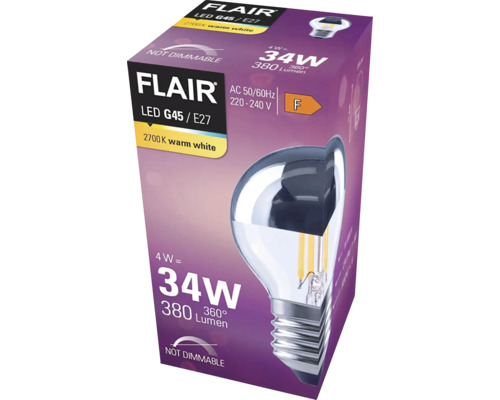 Verpackung einer Flair LED Lampe G45 E27, nicht dimmbar