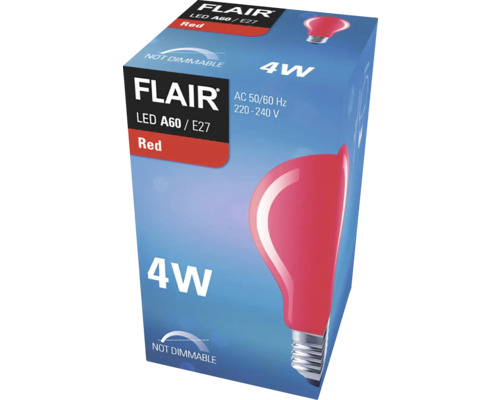 Verpackung einer roten Flair LED Lampe A60 E27, 4 Watt, nicht dimmbar