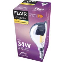 Verpackung einer nicht dimmbaren Flair LED Lampe G45 E14 mit 4 Watt und 380 Lumen