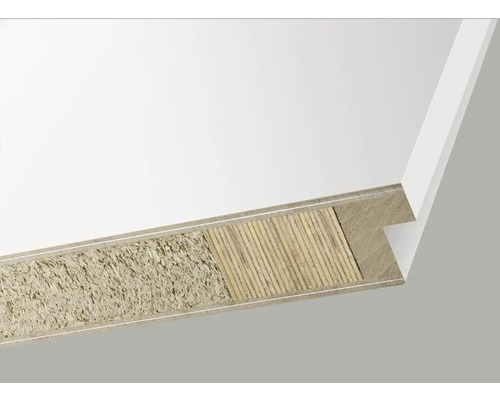 Querschnitt einer Sockelleiste mit verschiedenen Schichten und Materialien