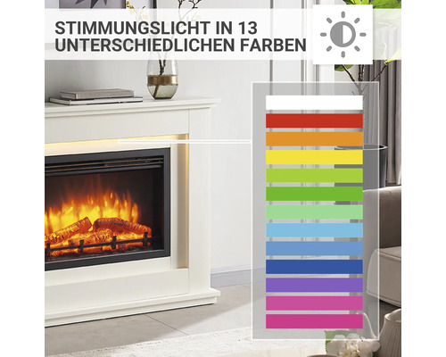 Dekorativer Elektrokamin mit Stimmungslicht in dreizehn verschiedenen Farben.