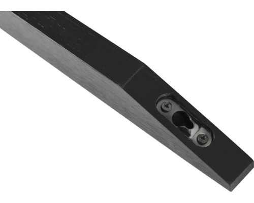 Detailansicht einer schwarzen Holzregalhalterung mit Befestigung