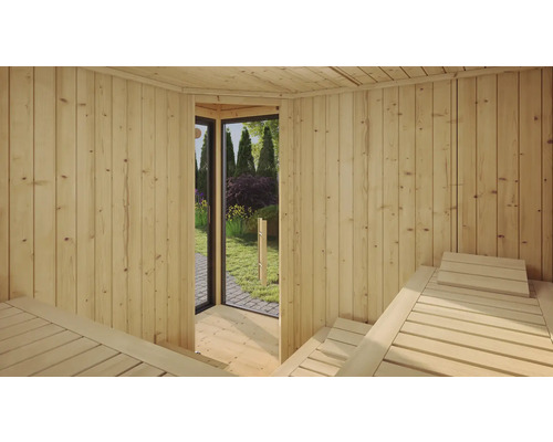 Innenansicht einer Gartensauna mit Liegen und Blick nach draußen
