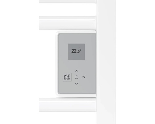 Detailaufnahme einer Heizkörpersteuerung mit digitaler Anzeige und Bedienelementen.