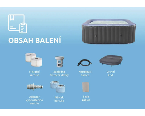 Lieferumfang eines aufblasbaren Whirlpools mit Filterkartuschen, Filterkartuschenbasis, Schlauch, Abdeckung, Adapter für das Ablassventil und Flickzeug