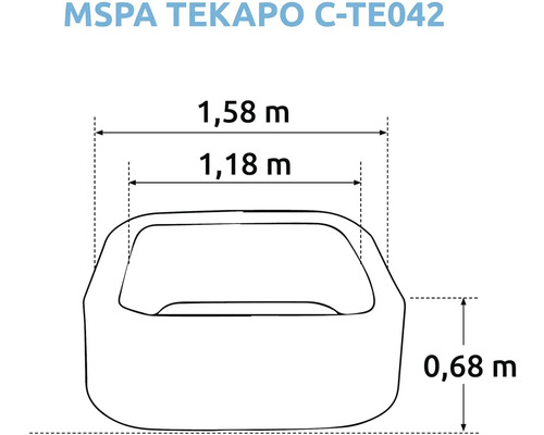 Zeichnung eines MSpa Tekapo C-TE042 Whirlpools mit den Maßen 1,58 Meter mal 1,18 Meter mal 0,68 Meter.
