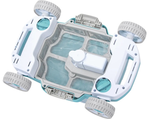 Poolreinigungsroboter mit Filterkörben und Rädern von unten