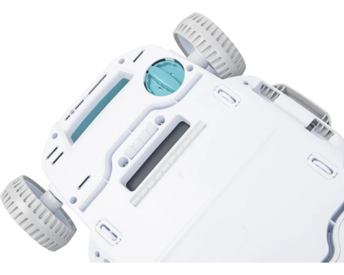 Unterseite eines Poolreinigungsroboters mit Rädern