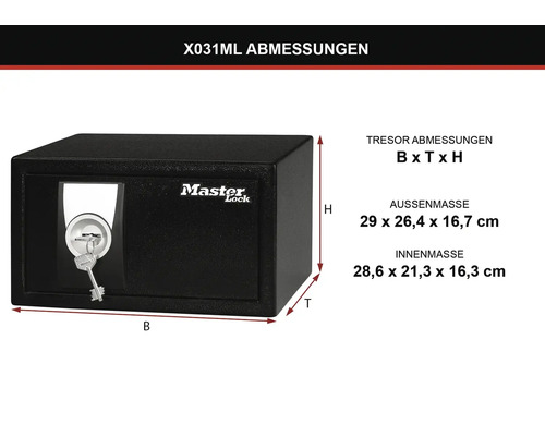 Master Lock Tresor mit Schlüssel und Abmessungen