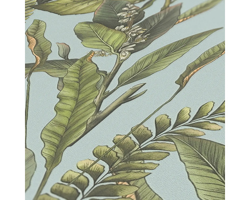 Nahaufnahme einer Tapete mit einem botanischen Muster aus Blättern und Blüten.