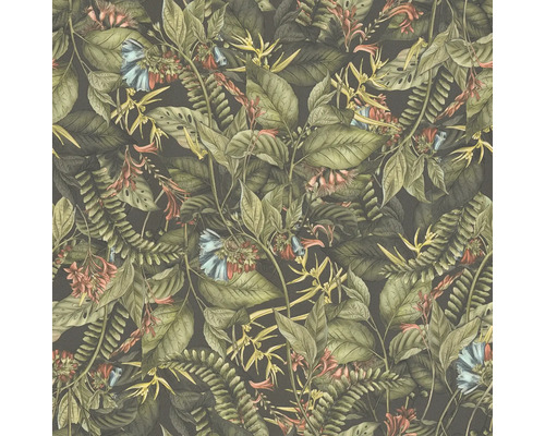 Tapete mit Dschungelmotiven aus Blättern und Blumen