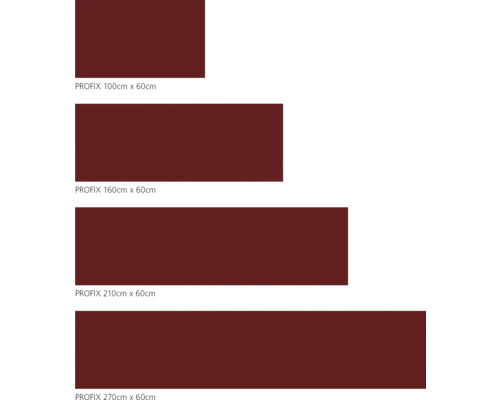 Übersicht verschiedener Profix-Matten in den Größen 100 cm x 60 cm, 160 cm x 60 cm, 210 cm x 60 cm und 270 cm x 60 cm