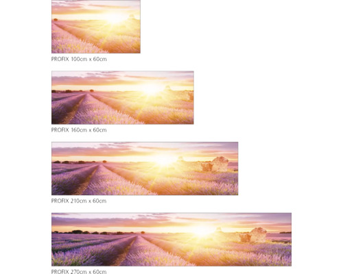 Verschiedene Größen eines Wandbildes mit Lavendelfeld bei Sonnenaufgang