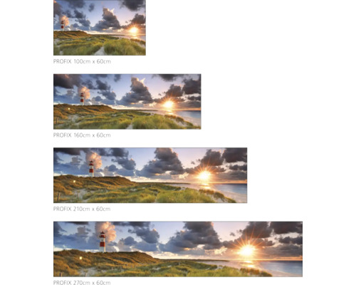 Profix Wandbild mit Leuchtturm, Düne, Meer und Sonnenaufgang in verschiedenen Größen