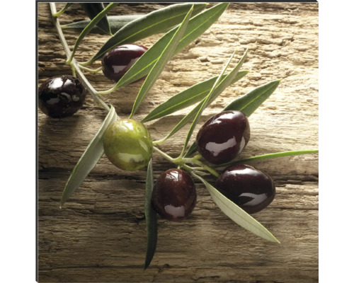 Olivenzweig mit Oliven auf Holzhintergrund