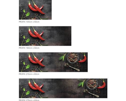 Verschiedene Größen der PROFIX Küchenrückwand mit Chili-Motiv.
