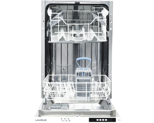 Innenansicht eines Geschirrspülers mit Geschirrkörben und Filter