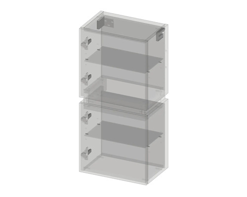 Zwei übereinander gestapelte Badezimmerschränke mit Regalen