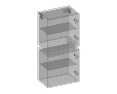 Zwei übereinander gestapelte transparente Aufbewahrungsschränke mit Einlegeböden und Griffen
