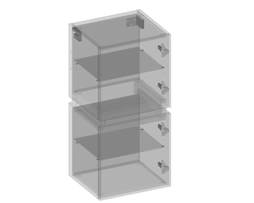 Draufsicht auf ein modulares Schranksystem mit zwei Schränken und Regalböden