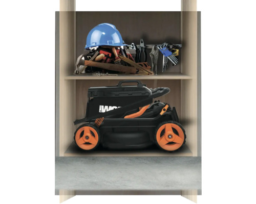 Aufbewahrung von Werkzeugen und Rasenmäher im Regal