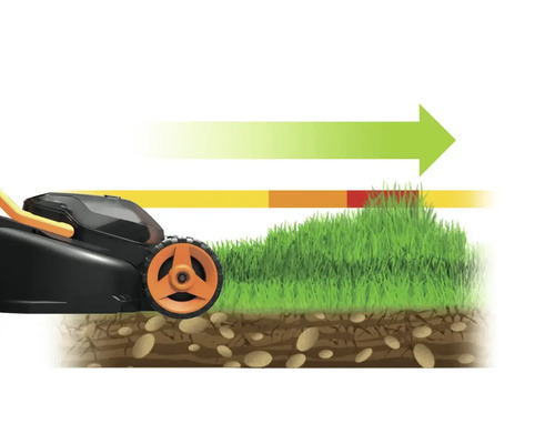 Illustration einer Rasenmähers, der Gras schneidet, mit einer farbigen Anzeige, die die Schnitthöhe darstellt