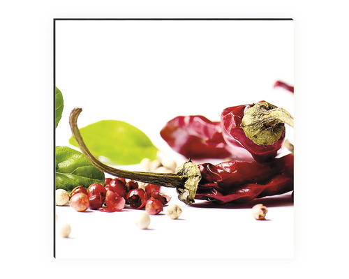 Chilischoten, grüne Blätter und verschiedene Pfefferkörner liegen auf einer hellen Oberfläche.