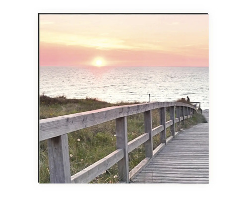 Gemälde mit einem Steg am Meer bei Sonnenaufgang