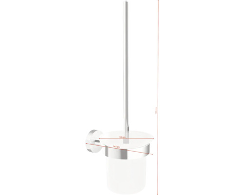 Wandmontierte WC-Garnitur mit Bürste und Halterung inklusive Maßangaben.