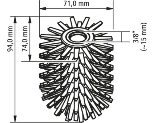 Technische Zeichnung einer Bürste mit den Maßen 94 Millimeter Höhe, 71 Millimeter Breite und 15 Millimeter Tiefe.