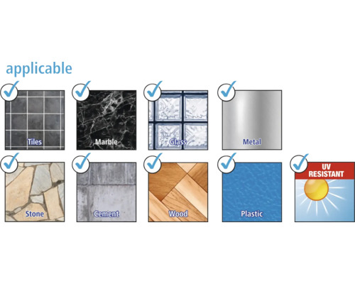 Anwendbar auf Fliesen, Marmor, Glas, Metall, Stein, Zement, Holz und Kunststoff sowie UV-beständig