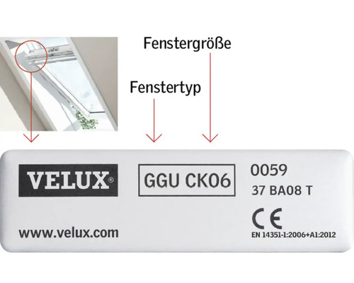Etikett mit Fensterinformationen von Velux, einschließlich Fenstertyp und Fenstergröße