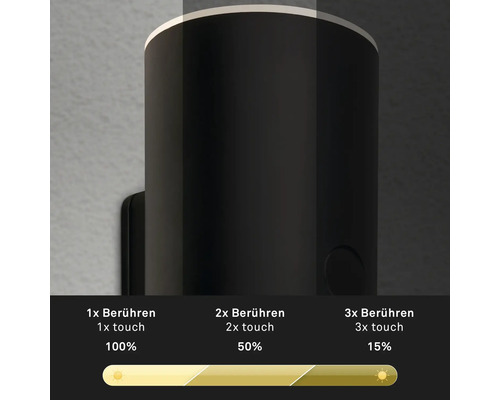 Nahaufnahme einer schwarzen Wandleuchte mit Touchdimmerfunktion zur Helligkeitsregulierung