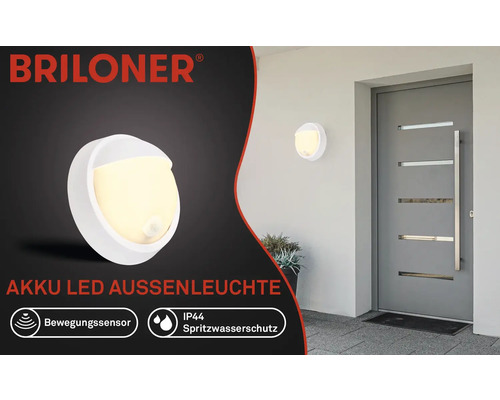 Briloner Akku LED Außenleuchte mit Bewegungssensor und IP44 Spritzwasserschutz