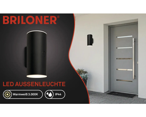 Briloner Logo. Wandmontierte LED Außenleuchte mit warmweißem Licht und IP44 Schutzart.