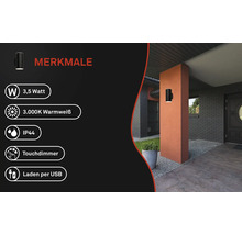 Produktmerkmale: 3,5 Watt, 3000 Kelvin warmweißes Licht, IP44 Schutzart, Touchdimmer, Laden per USB