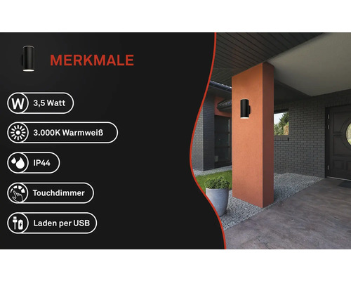 Produktmerkmale: 3,5 Watt, 3000 Kelvin warmweißes Licht, IP44 Schutzart, Touchdimmer, Laden per USB